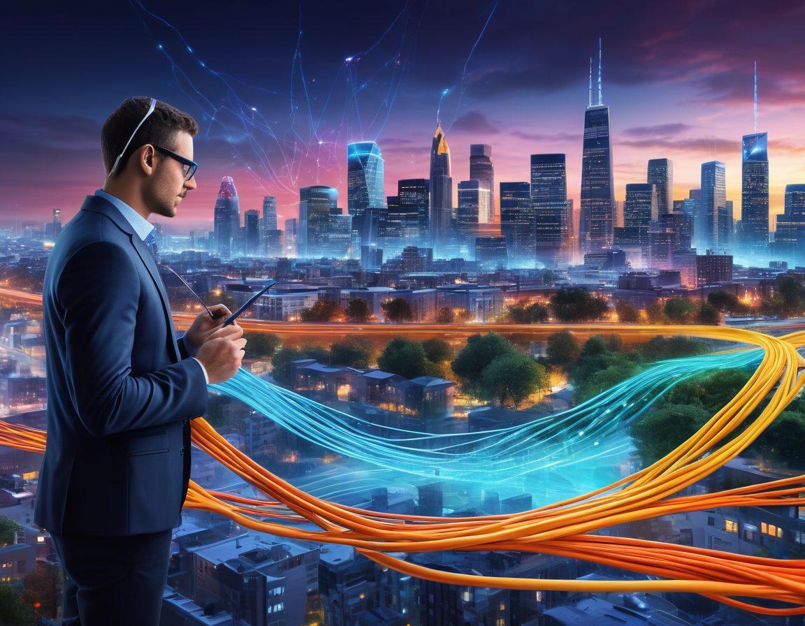 A detailed diagram showing the transition from fiber optics to voice data, with vibrant colored cables intertwining in a cityscape background. Include an expert analyzing the setup with tools in hand, alongside digital waves representing efficient data flow. The image should encapsulate both technology and strategy with a sleek, modern look. super-realistic. vibrant colors. 3D.