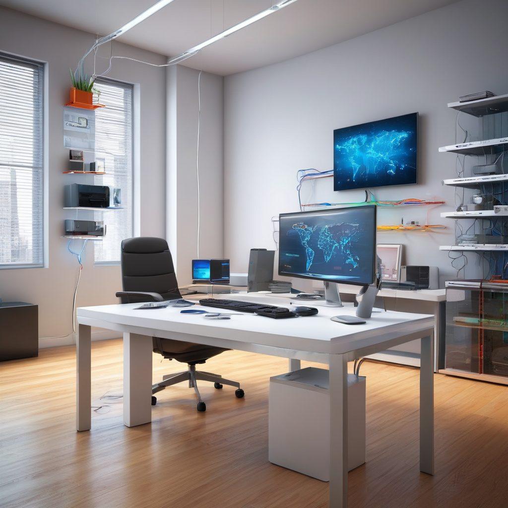 A modern office environment showcasing a professional organizing and relocating cables with precision. The space features a sleek desk with colorful networking equipment, and neatly arranged cables transitioning into various devices. Bright lighting highlights seamless communication tools and tech aesthetics. The backdrop has vibrant graphics of telecom networks and digital connections. super-realistic. vibrant colors. 3D.