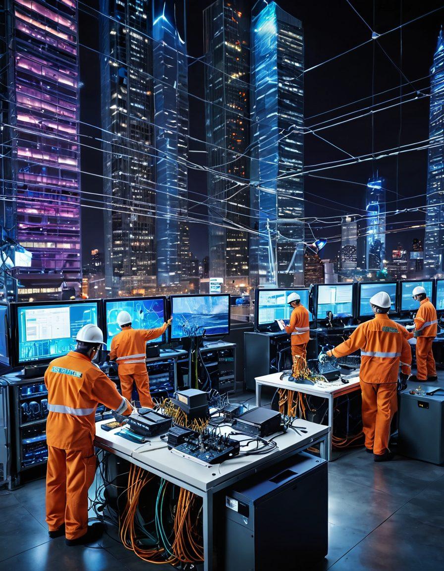 A dynamic scene depicting a team of technicians skillfully navigating a bustling network installation site, surrounded by modern telecom equipment. The background features a blend of urban infrastructure and wires, symbolizing connectivity. Bright colors highlight various tools and devices, with a focused technician using high-tech tools for installation. Inspirational and professional atmosphere. super-realistic. vibrant colors. 3D.